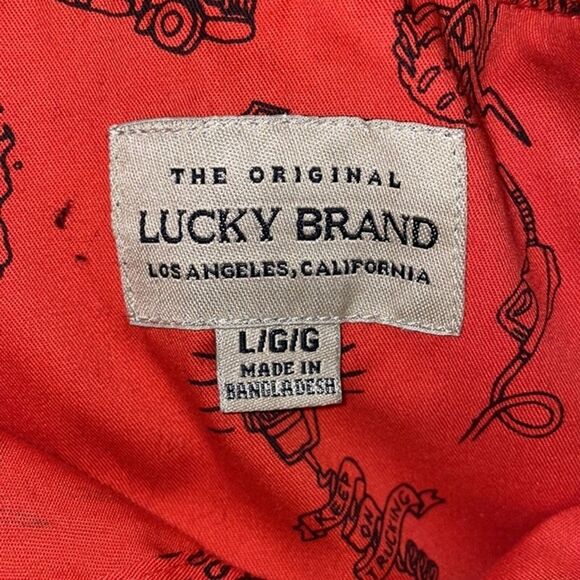 Lucky Brand Orange Novelty Print Button Up Mens Size Large Short Sleeve - Picture 2 of 12